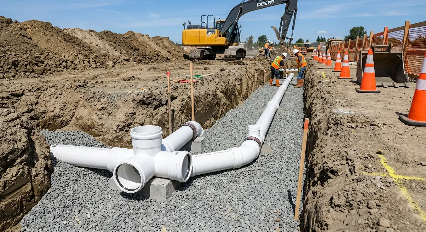 New PVC sewer pipe installation in open trench for Grease Trap Cleaning in Jacksonville