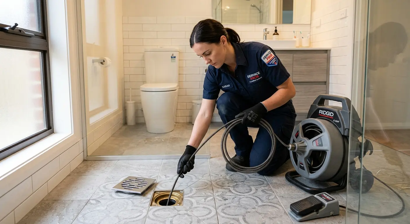 Technician clearing a bathroom floor drain for Sewer Line Installation in Jacksonville